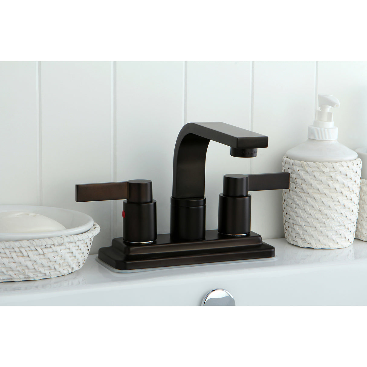 NuvoFusion 4 In. Centerset 2-Hole Double Handle Deck Mount Bathroom Sink Faucet With brass push pop-up