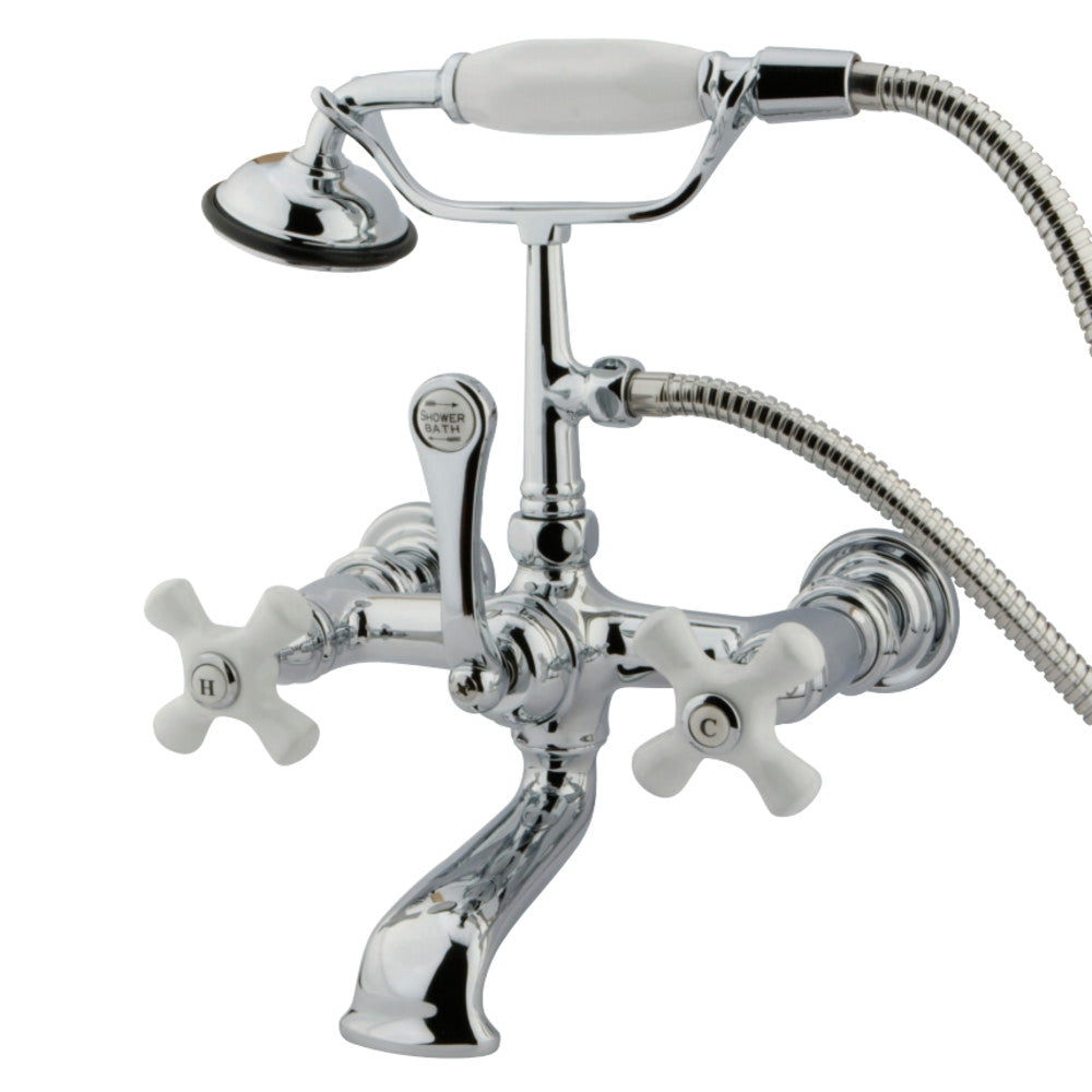 Vintage 7" Wall Mount Tub Faucet With Hand Shower & Procelain Cross Handles In 6.94" Spout Reach