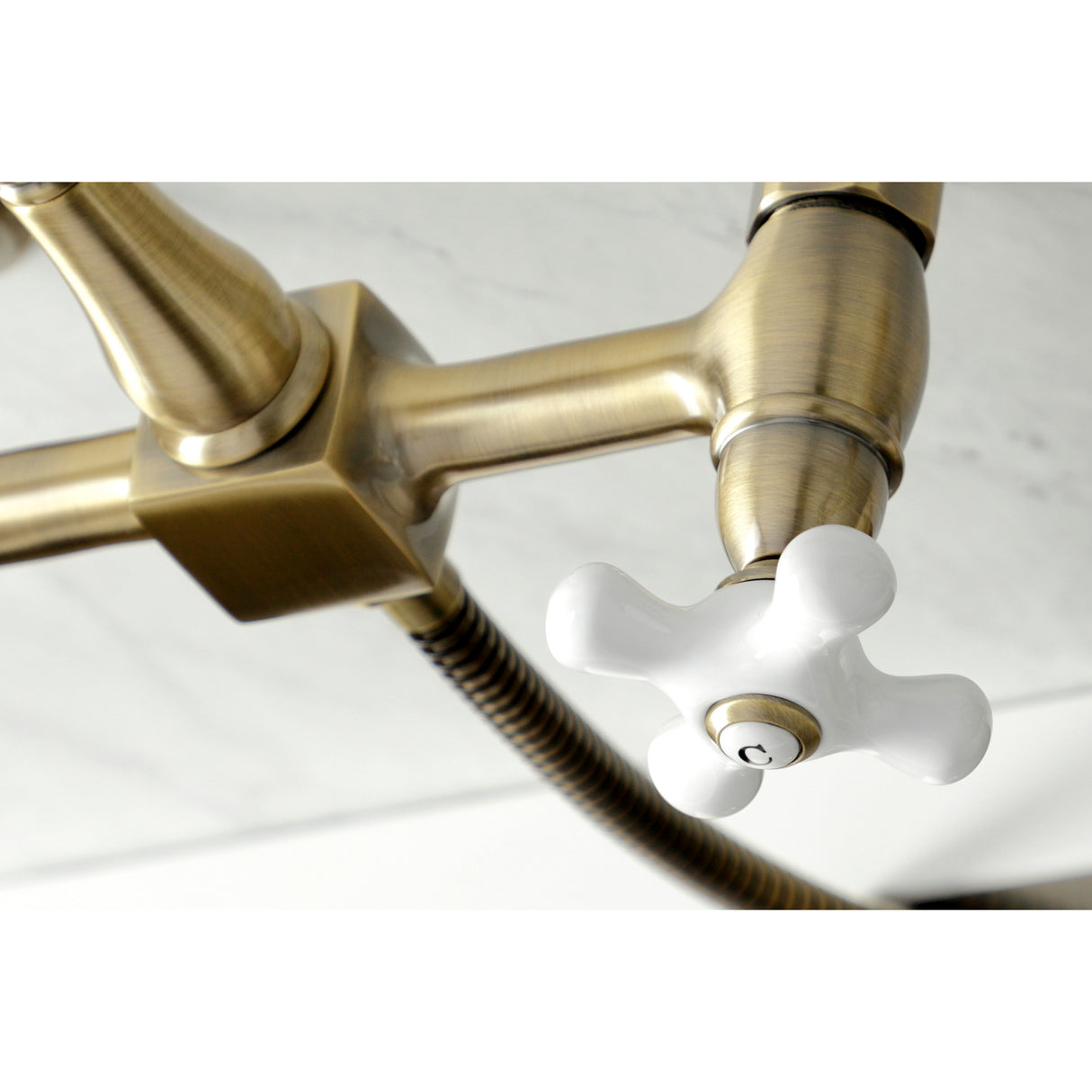 Heritage Double Handle Wall Mount Bridge Kitchen Faucet With Brass Sprayer In 8.2" Spout Reach