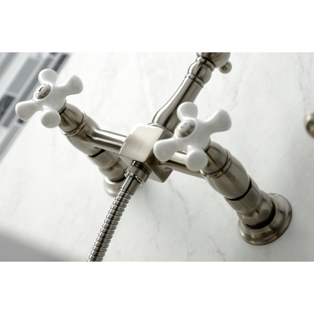 Heritage Wall Mount Bridge Kitchen Faucet W/ Brass Sprayer