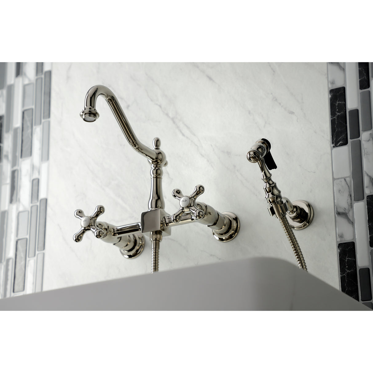 Heritage Two-Handle Wall Mount Bridge Kitchen Faucet With Brass Sprayer