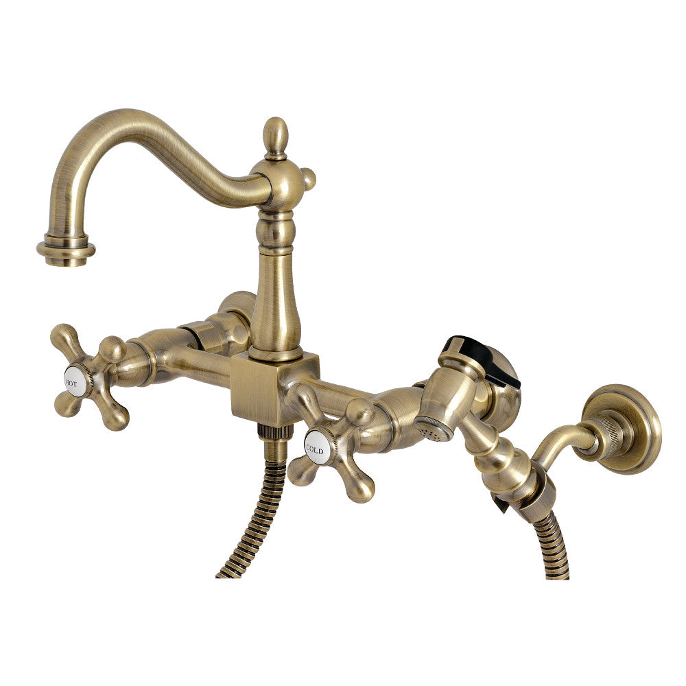 Heritage Wall Mount Bridge Kitchen Faucet with Brass Sprayer