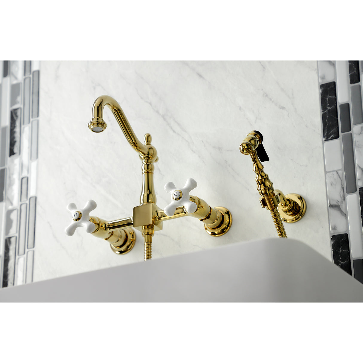 Heritage Wall Mount Bridge Kitchen Faucet W/ Brass Sprayer