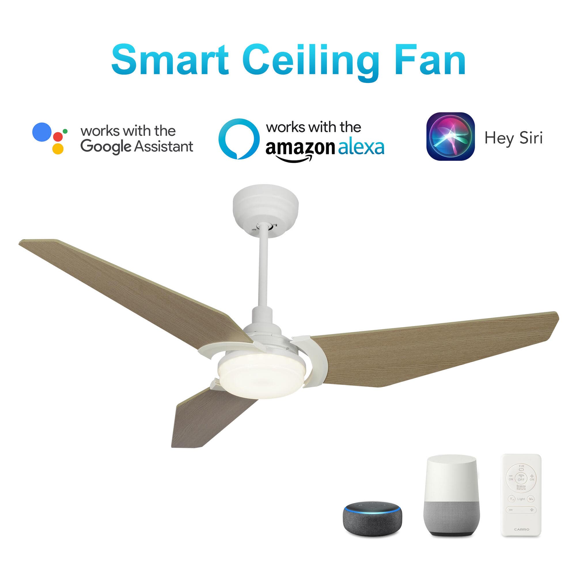Trailblazer White/Wooden Pattern/Wood 3 Blade Smart Ceiling Fan with Dimmable LED Light Kit Works with Remote Control, Wi-Fi apps and Voice control via Google Assistant/Alexa/Siri