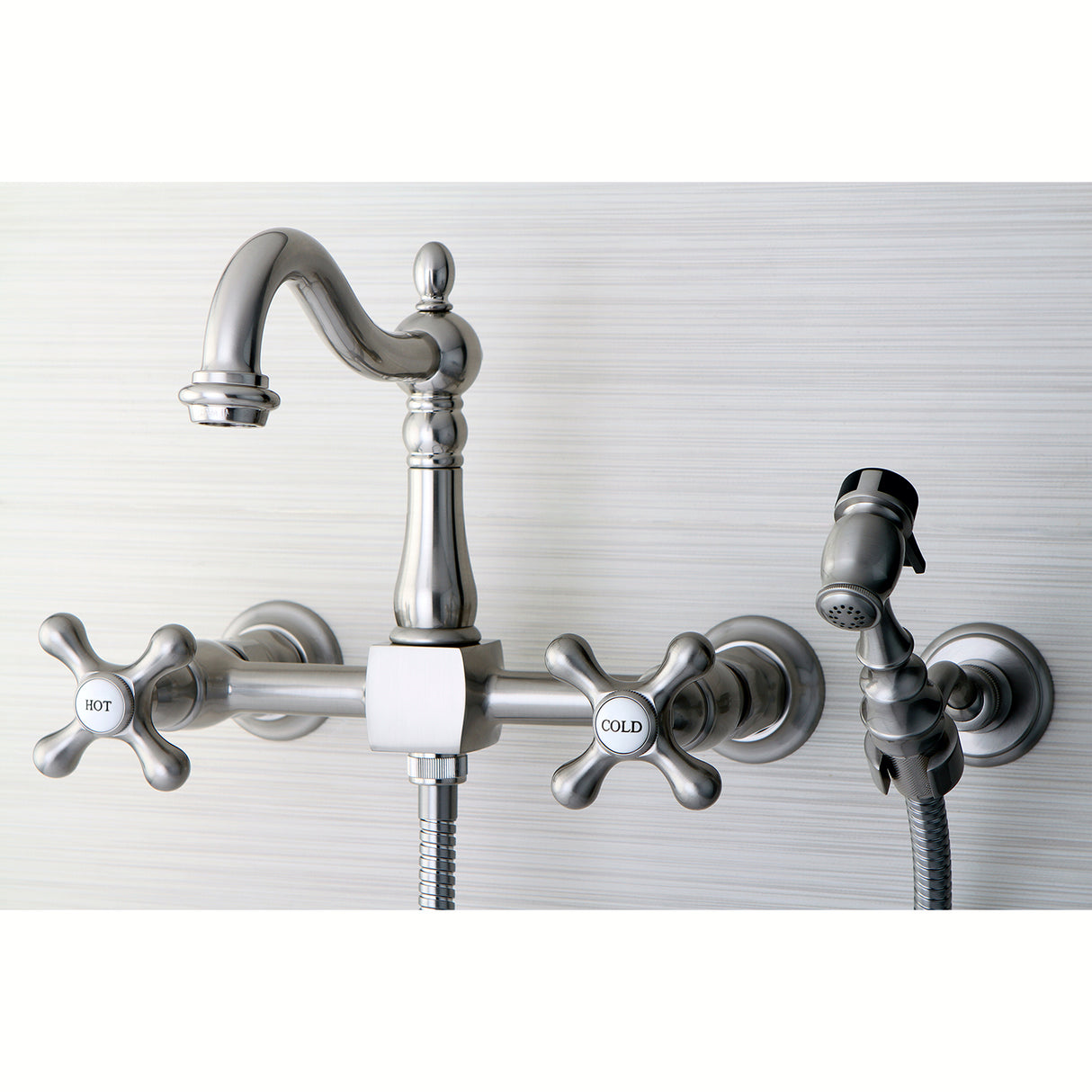 Heritage Wall Mount Bridge Kitchen Faucet with Brass Sprayer