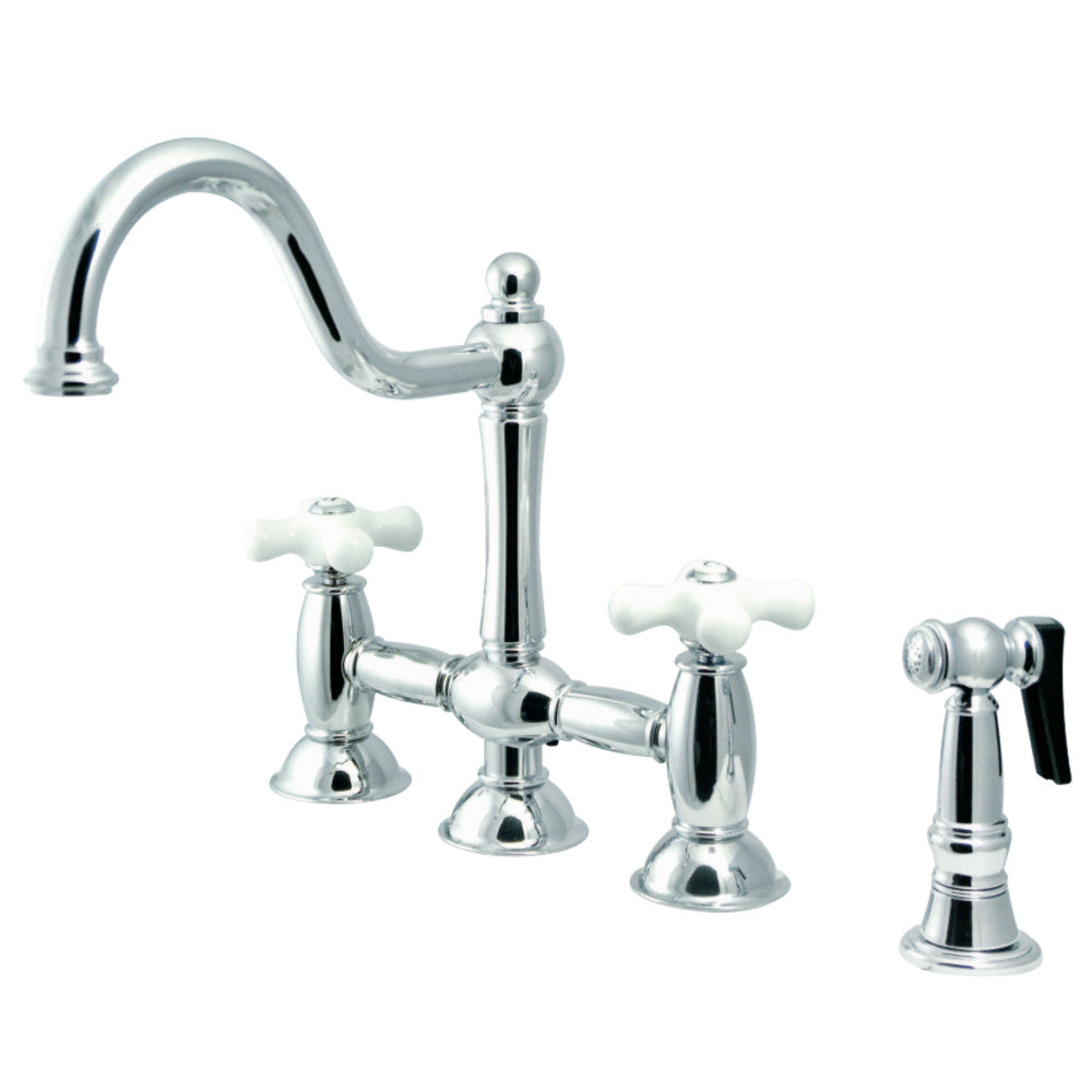 Restoration Bridge Kitchen Faucet With Brass Sprayer In 9" Spout Reach