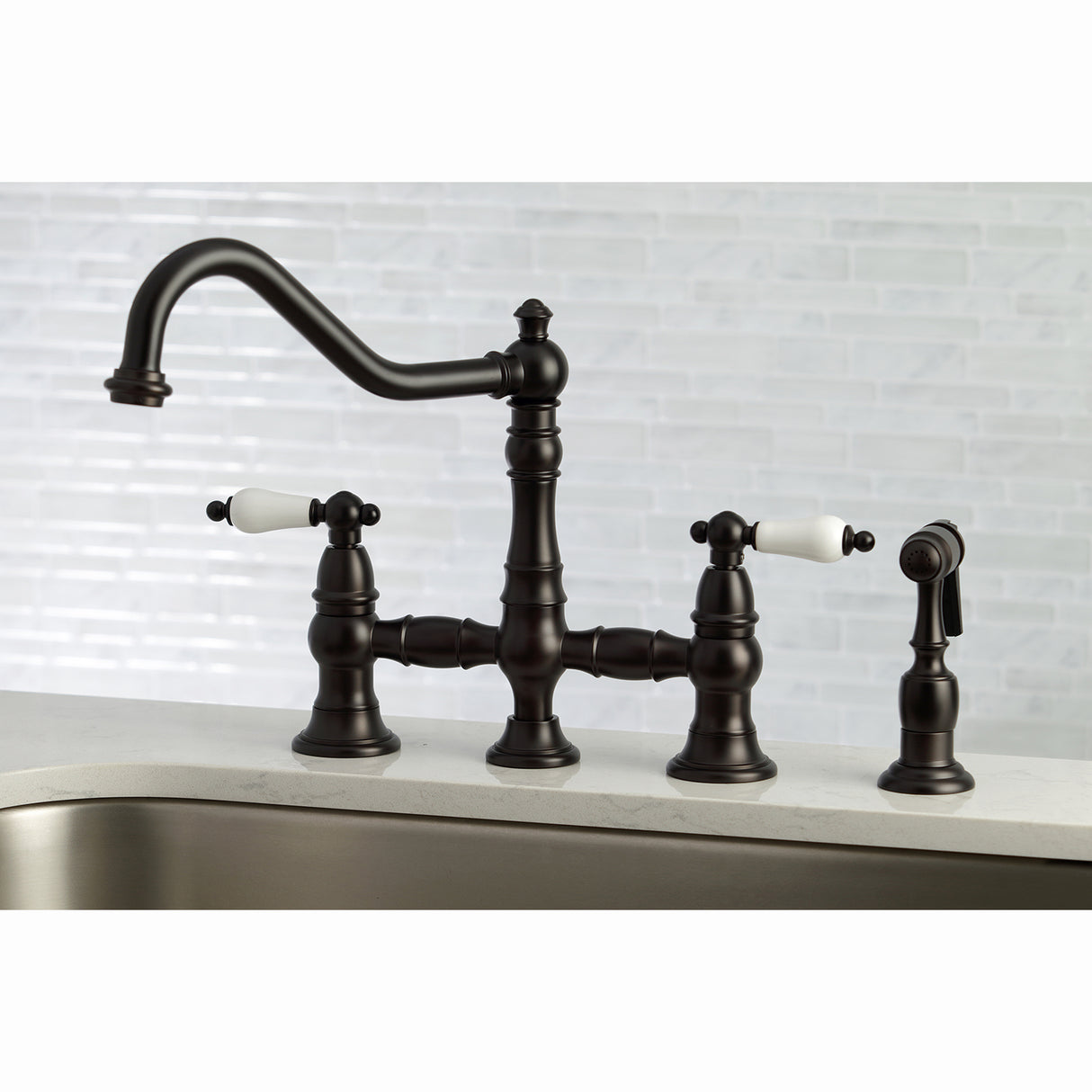 Restoration 8" Bridge Kitchen Faucet With Sprayer