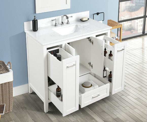 Milford 43 In. White Freestanding Solid Wood Bathroom Vanity with Carrara White Engineered Stone Sink Top & 4 In. Backsplash