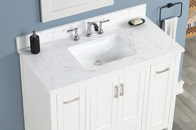 Milford 43 In. White Freestanding Solid Wood Bathroom Vanity with Carrara White Engineered Stone Sink Top & 4 In. Backsplash