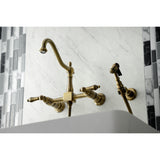 Heritage Two Handle Wall Mount Bridge Kitchen Faucet With Side Brass Sprayer