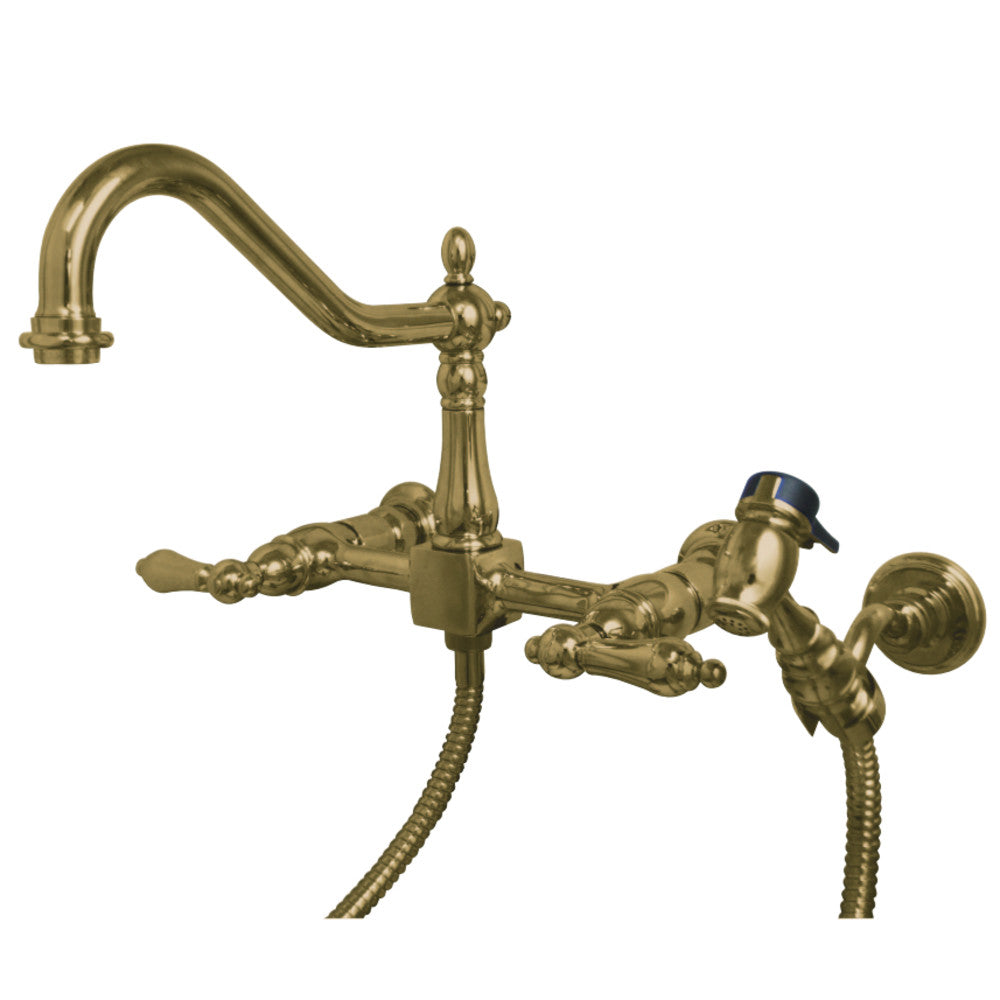 Heritage Two Handle Wall Mount Bridge Kitchen Faucet With Side Brass Sprayer