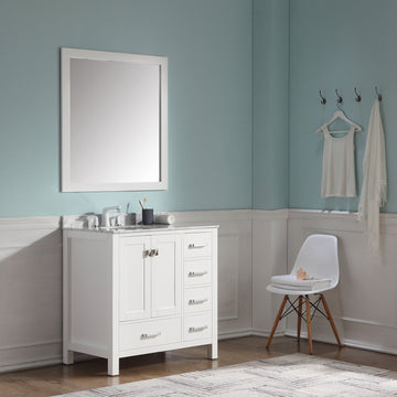 Chateau Modern Freestanding Bathroom Vanity Set With Sink, Carrara White Marble Vanity Top & Wall Mounted Glass Mirror