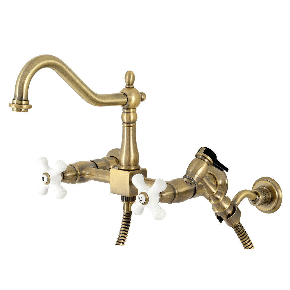 Heritage Double Handle Wall Mount Bridge Kitchen Faucet With Brass Sprayer In 8.2" Spout Reach