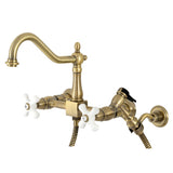 Heritage Double Handle Wall Mount Bridge Kitchen Faucet With Brass Sprayer In 8.2" Spout Reach