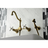 Heritage Double Handle Wall Mount Bridge Kitchen Faucet With Brass Sprayer In 8.2" Spout Reach