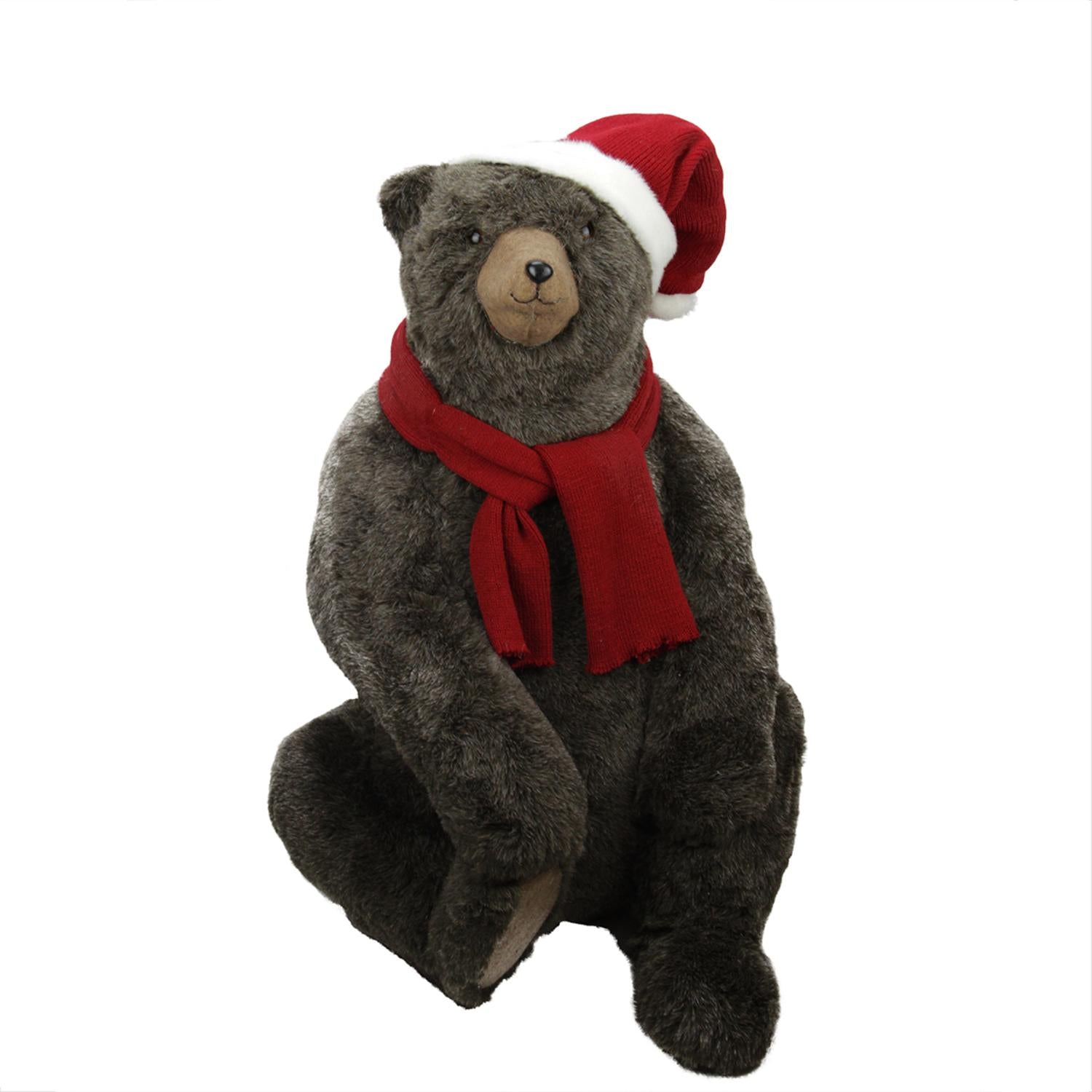 36" Sitting Plush Brown Bear Christmas Decoration Wearing Hat and Scarf