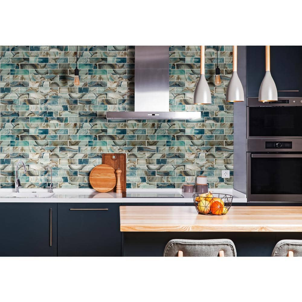 Stone Mixed Glass Kitchen Backsplash Linear Mosaic Tile Polished Gray &  Teal Blue Bath Shower Wall Decor Narutal Marble Interlocking Pattern Art