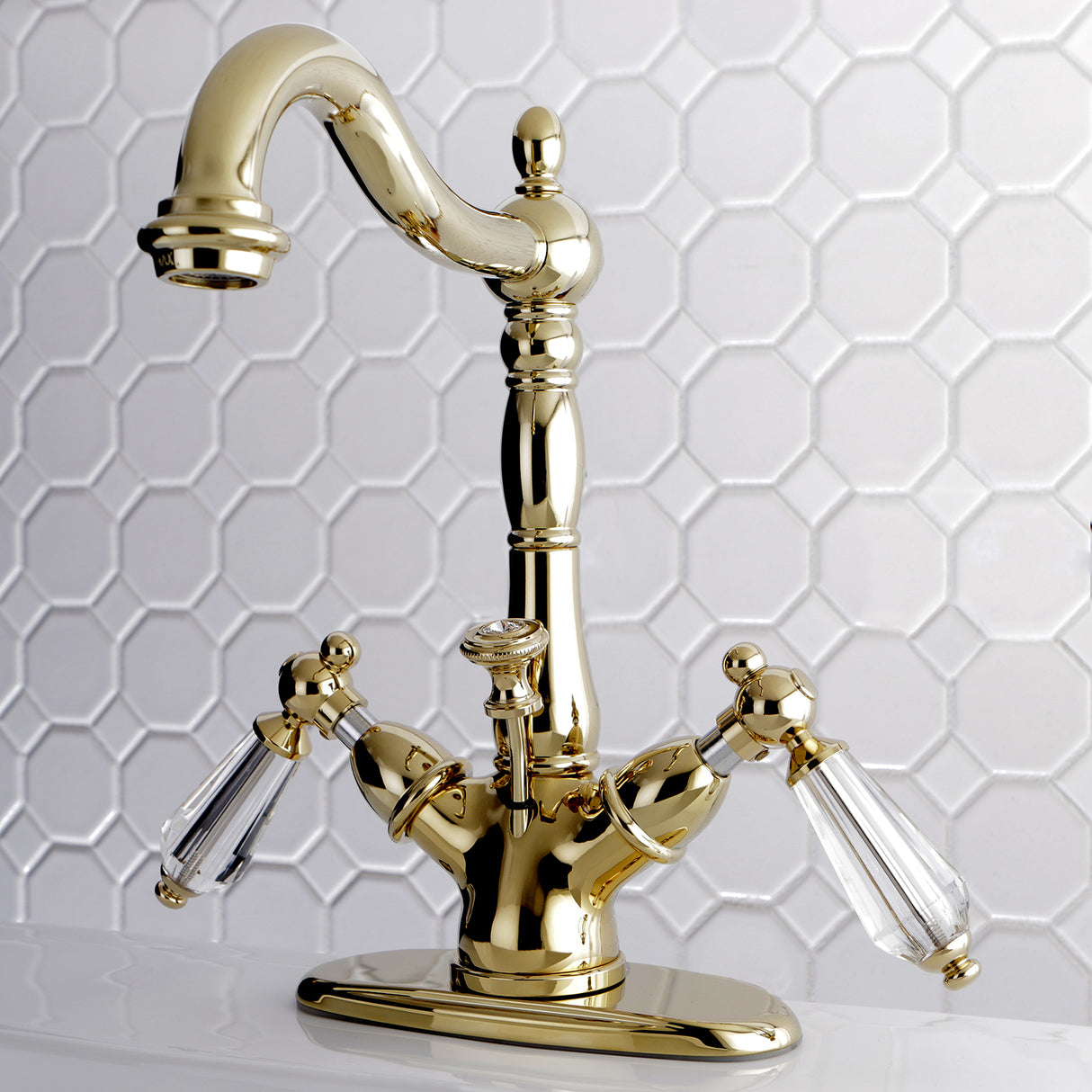 Wilshire Two-Handle Single Hole Deck Mount Bathroom Sink Faucet with Brass Pop-Up and Cover Plate