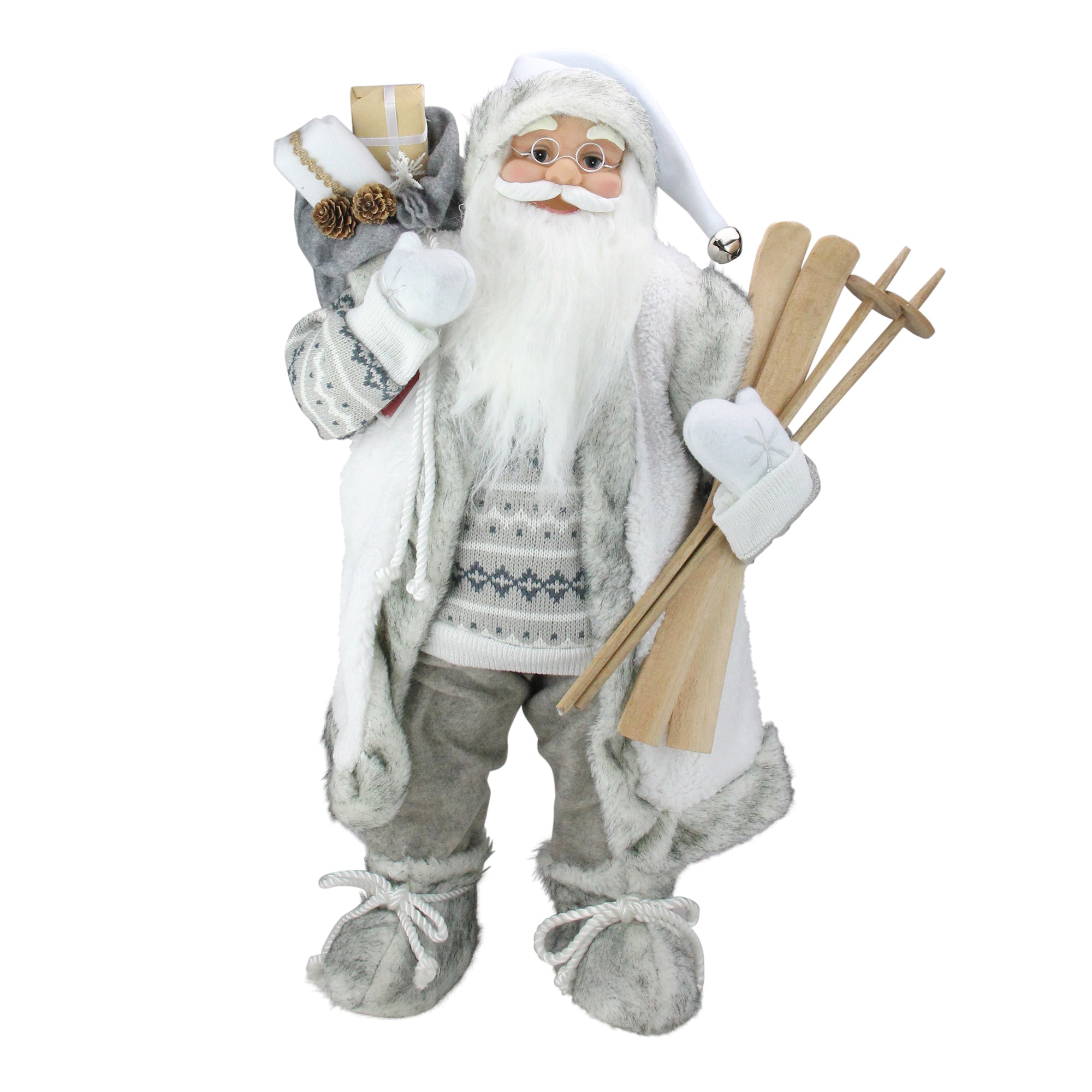24" Classic Skiing Pure White and Gray Standing Santa Claus Christmas Figure