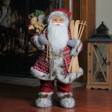 24" Nordic Skiing Standing Santa Claus Christmas Figure with Burlap Gift Bag