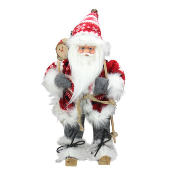 13" Alpine Chic Red and Gray Snowflake Skiing Santa with Gift Bag Decorative Christmas Figure