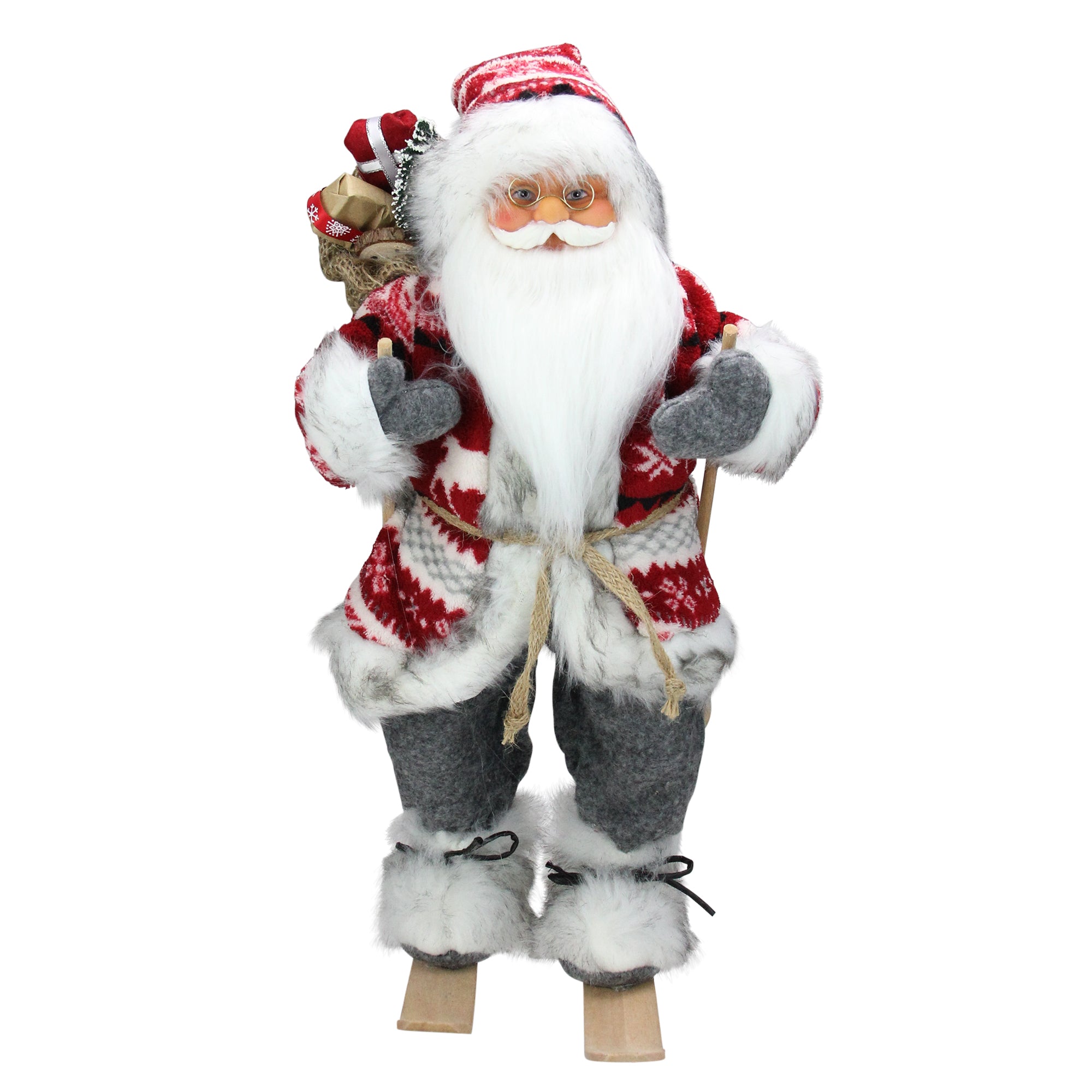 18" Alpine Chic Red and Gray Snowflake Skiing Santa with Gift Bag Decorative Christmas Figure