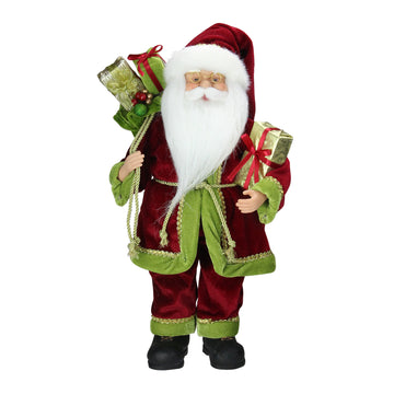 16" Grand Imperial Red Green And Gold Standing Santa Claus Christmas Figure With Gift Bag