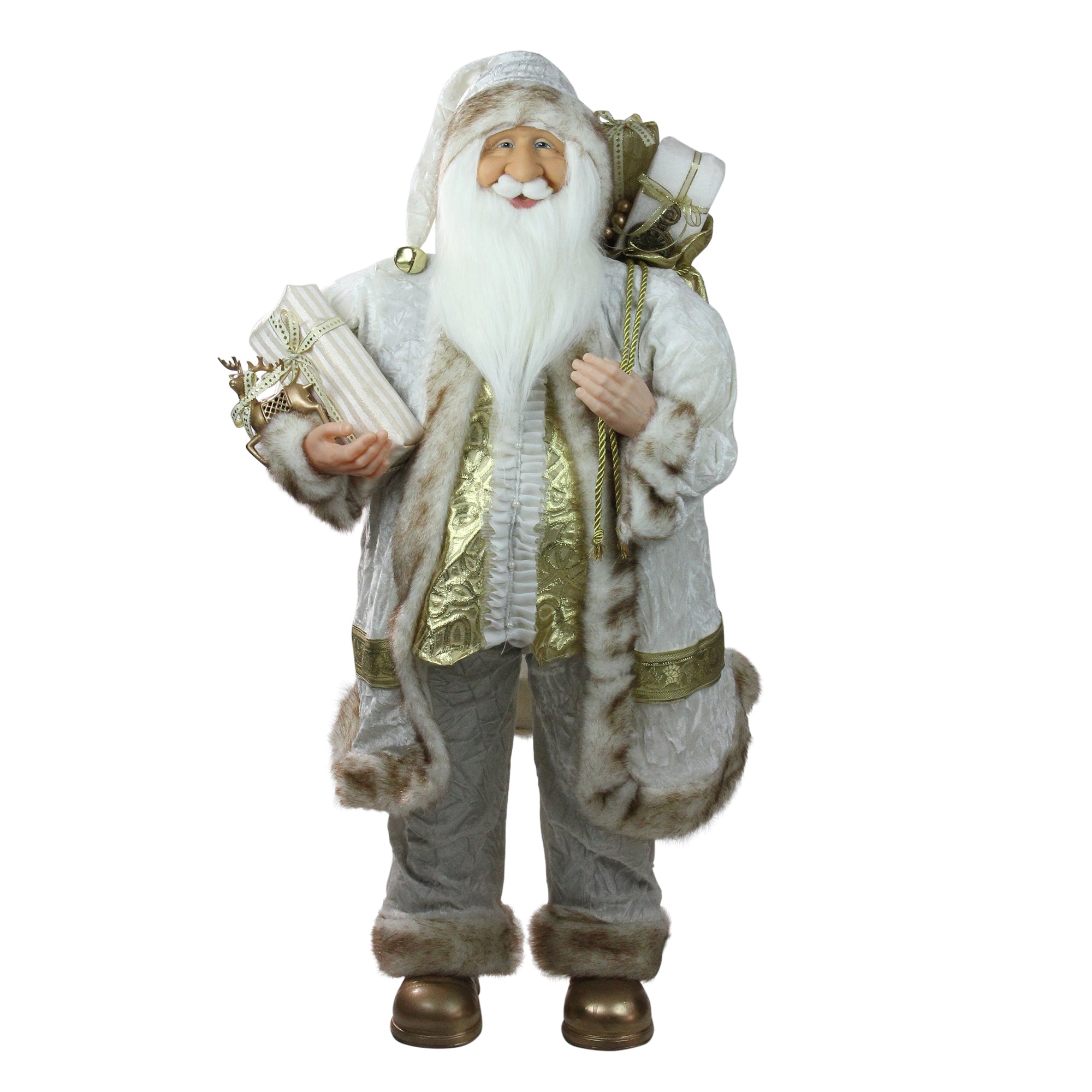 36" Glorious Winter White and Ivory Standing Santa Claus Christmas Figure with Gift Bag