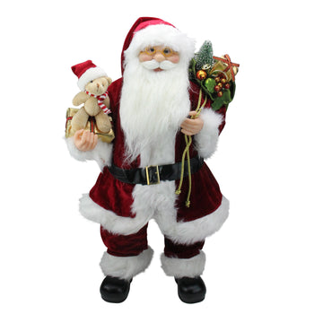 24" Traditional Standing Santa Claus Christmas Figure with Teddy Bear and Gift Bag
