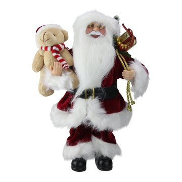 12" Traditional Standing Santa Claus Christmas Figure with Teddy Bear and Gift Bag