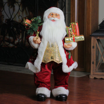 24" Traditional Holly Berry Standing Santa Claus Christmas Figure with Presents and Gift Bag