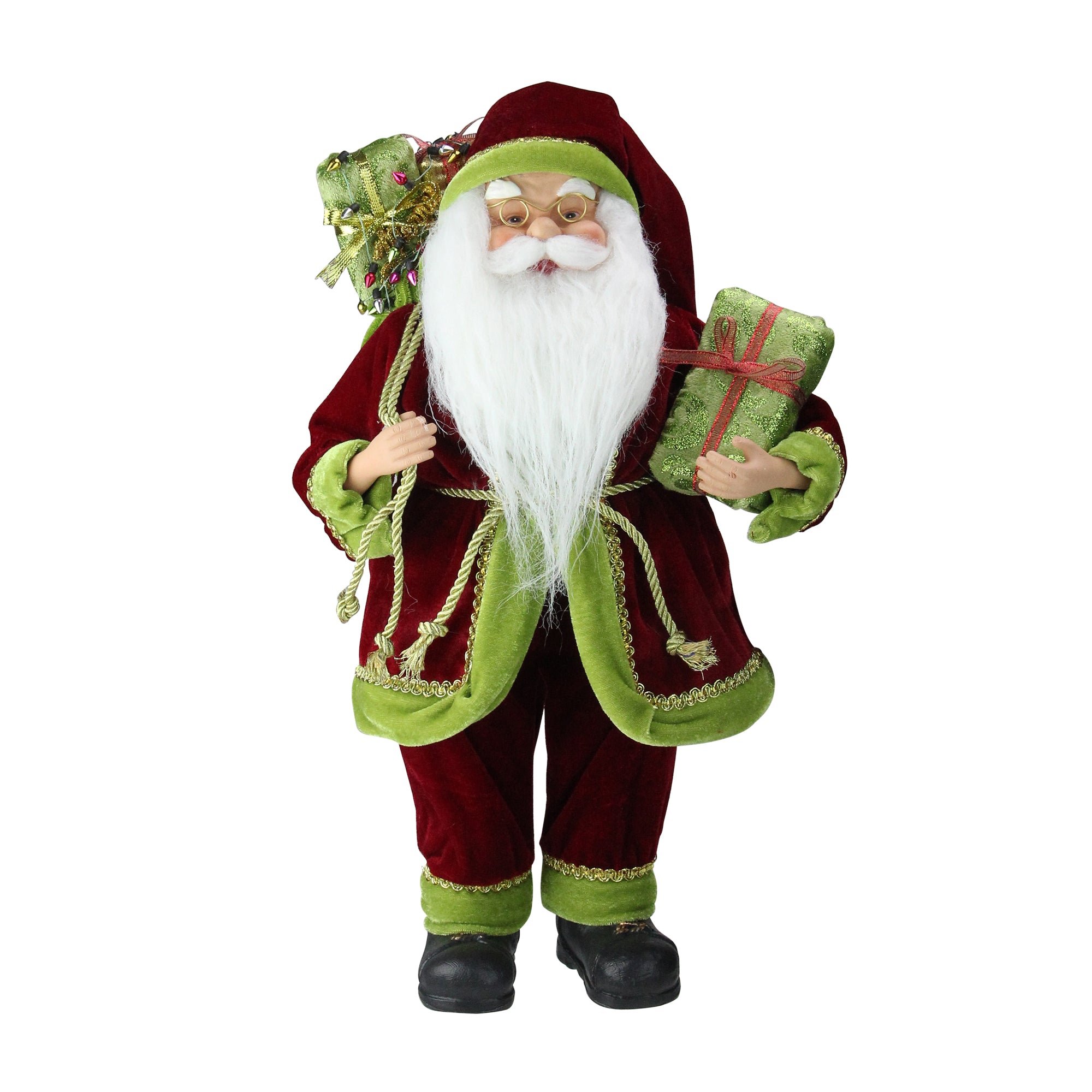16 Inch Grand Imperial Red Green And Gold Standing Santa Claus Christmas Figure With Gift Bag