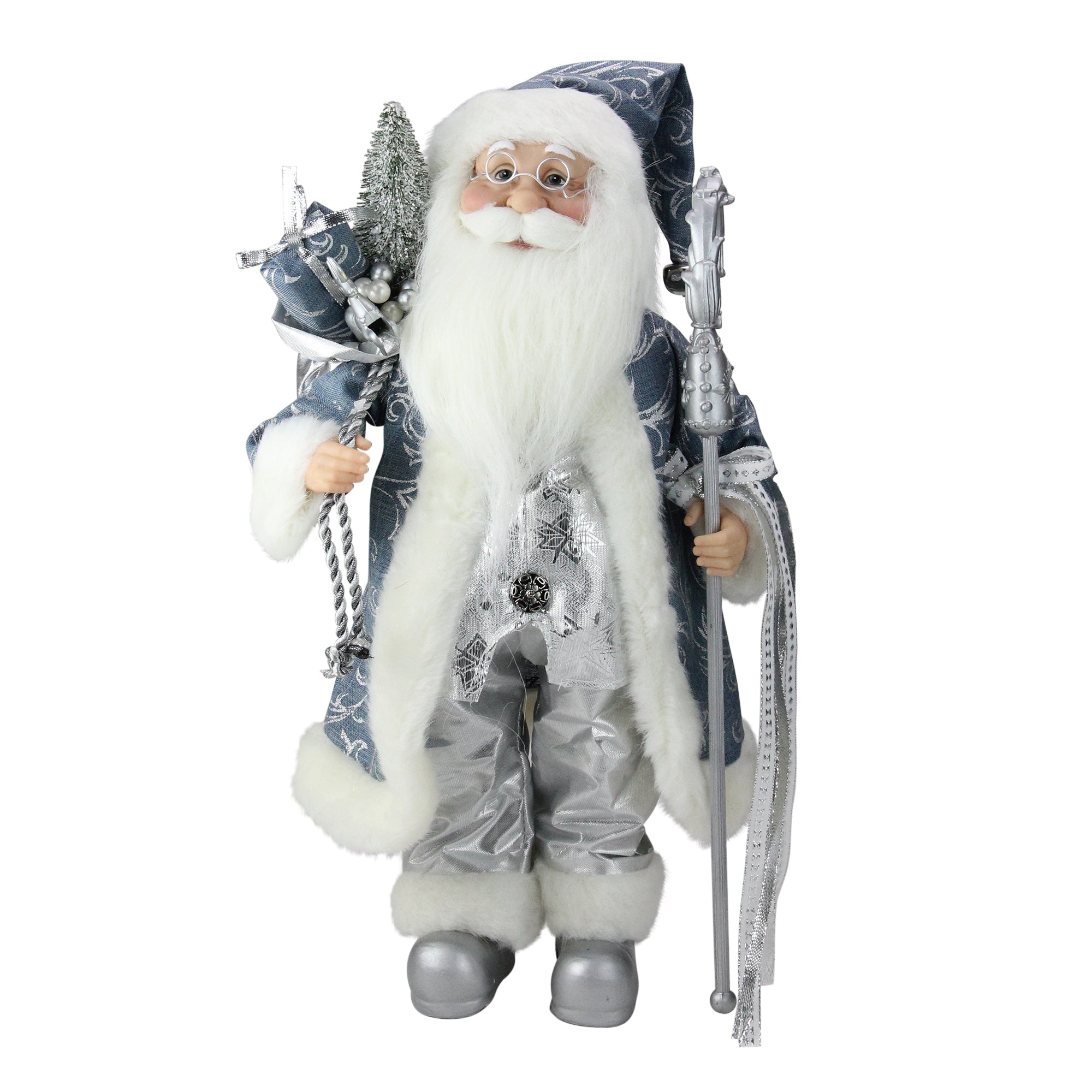 16" Ice Palace Standing Santa Claus in Blue and Silver Holding A Staff and Bag Christmas Figure