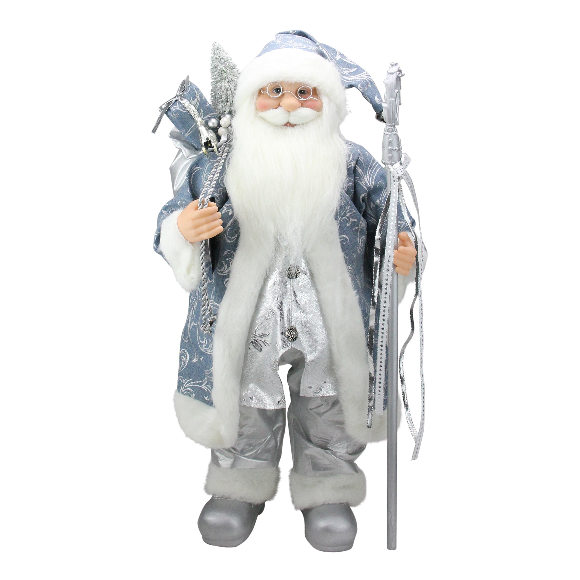 25" Ice Palace Standing Santa Claus in Blue and Silver Holding A Staff Christmas Figure