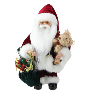 12" Santa Claus in Traditional Red Suit Holding a Teddy Bear and Gift Bag Christmas Figure