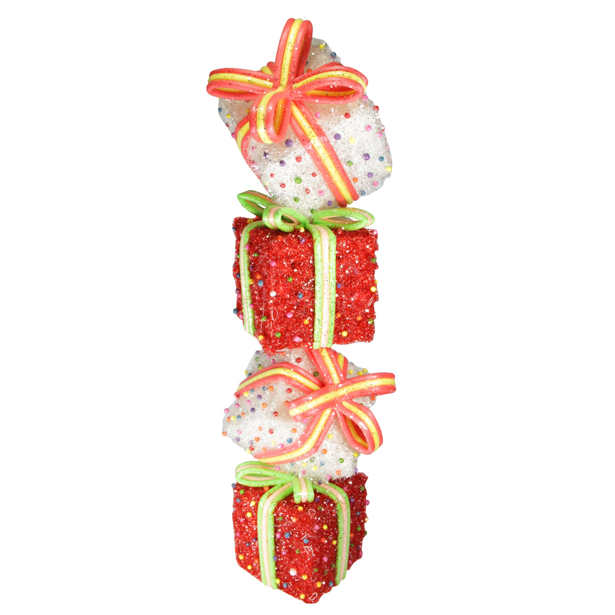 45" Lighted Red & White Tinsel and Candy Stacked Gift Boxes Christmas Outdoor Decoration