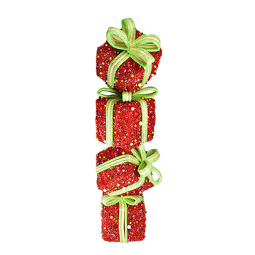 34" Lighted Red Tinsel and Candy Stacked Gift Boxes Christmas Outdoor Decoration