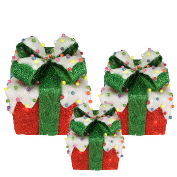 Set of 3 Red Lighted Snow and Candy Covered Sisal Gift Boxes Christmas Outdoor Decorations
