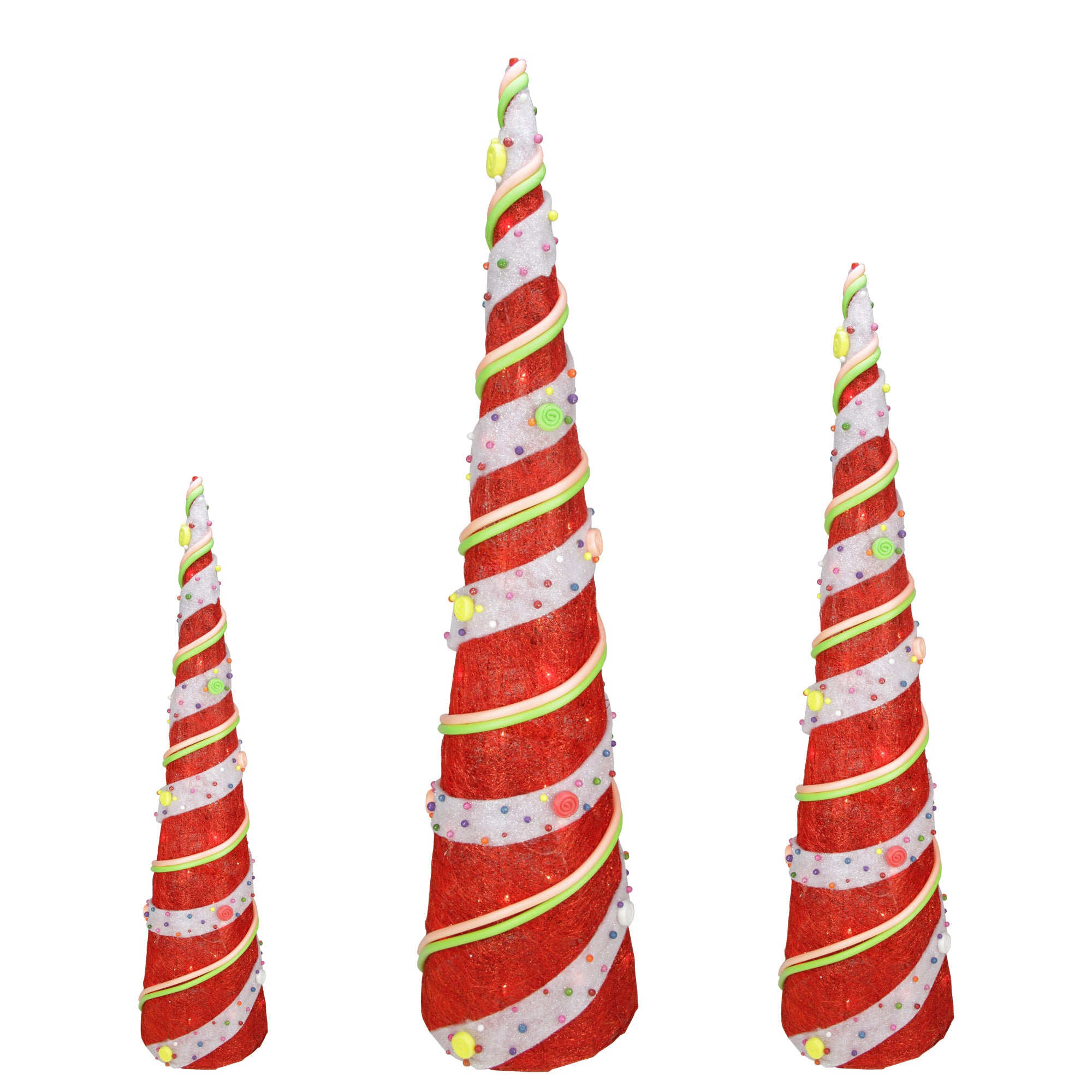 Set of 3 Red Lighted Sisal Candy Covered Cone Tree Christmas Outdoor Decorations