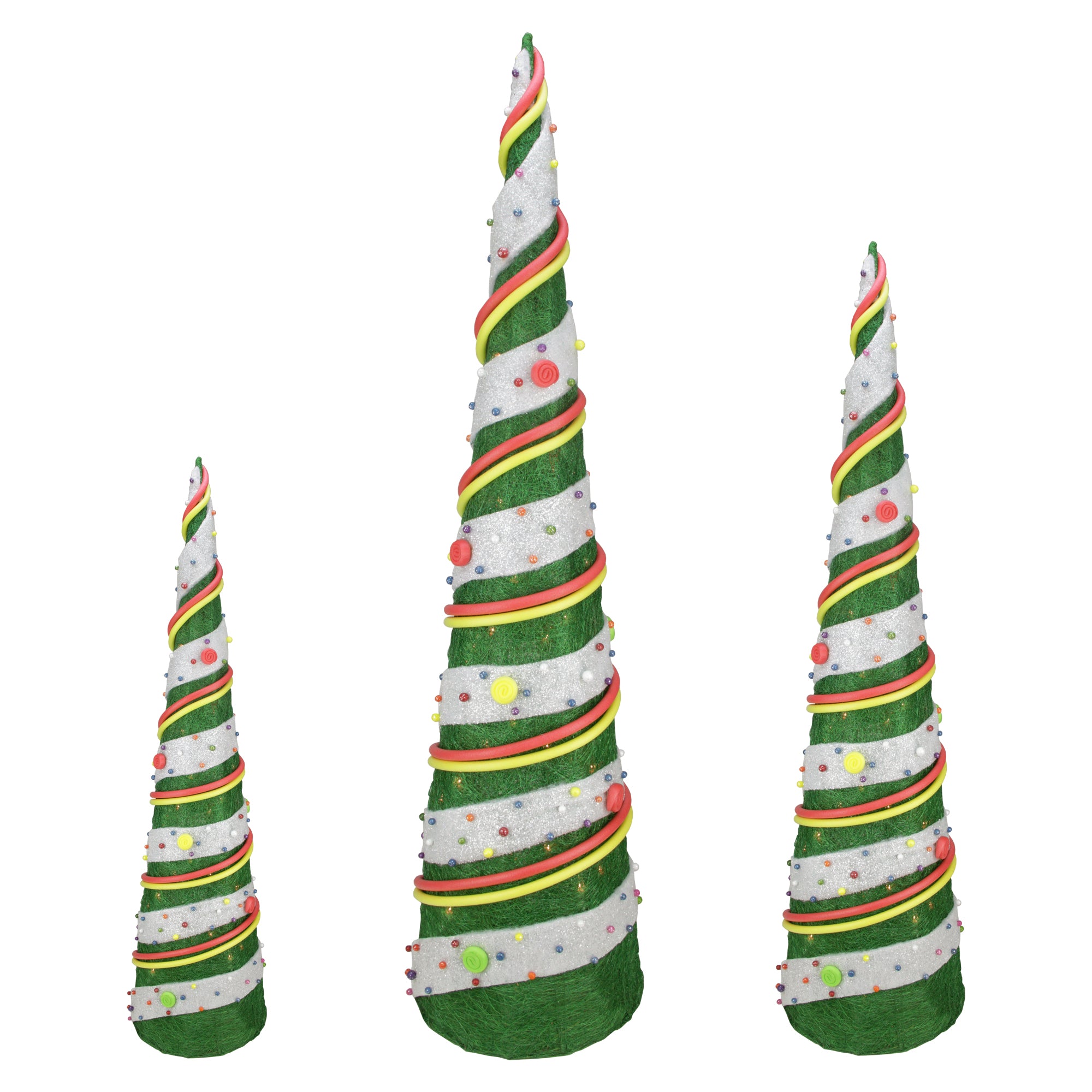 Set of 3 Green Sisal Candy Covered Cone Tree Lighted Christmas Outdoor Decorations