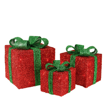 Set of 3 Red Tinsel Gift Boxes with Green Bows Lighted Christmas Outdoor Decorations