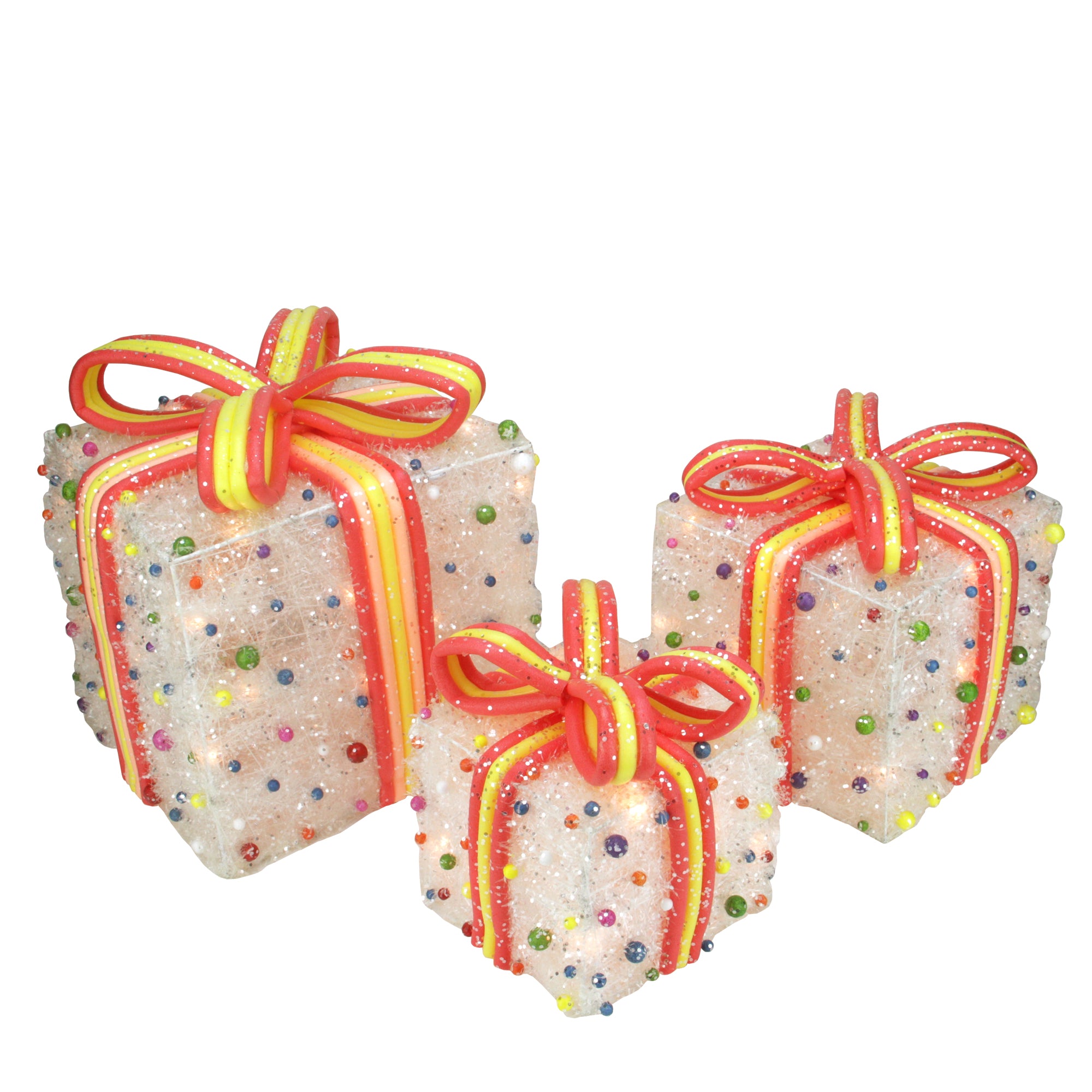 Set of 3 White Lighted Tinsel Gift Boxes with Bows and Candy Christmas Outdoor Decorations