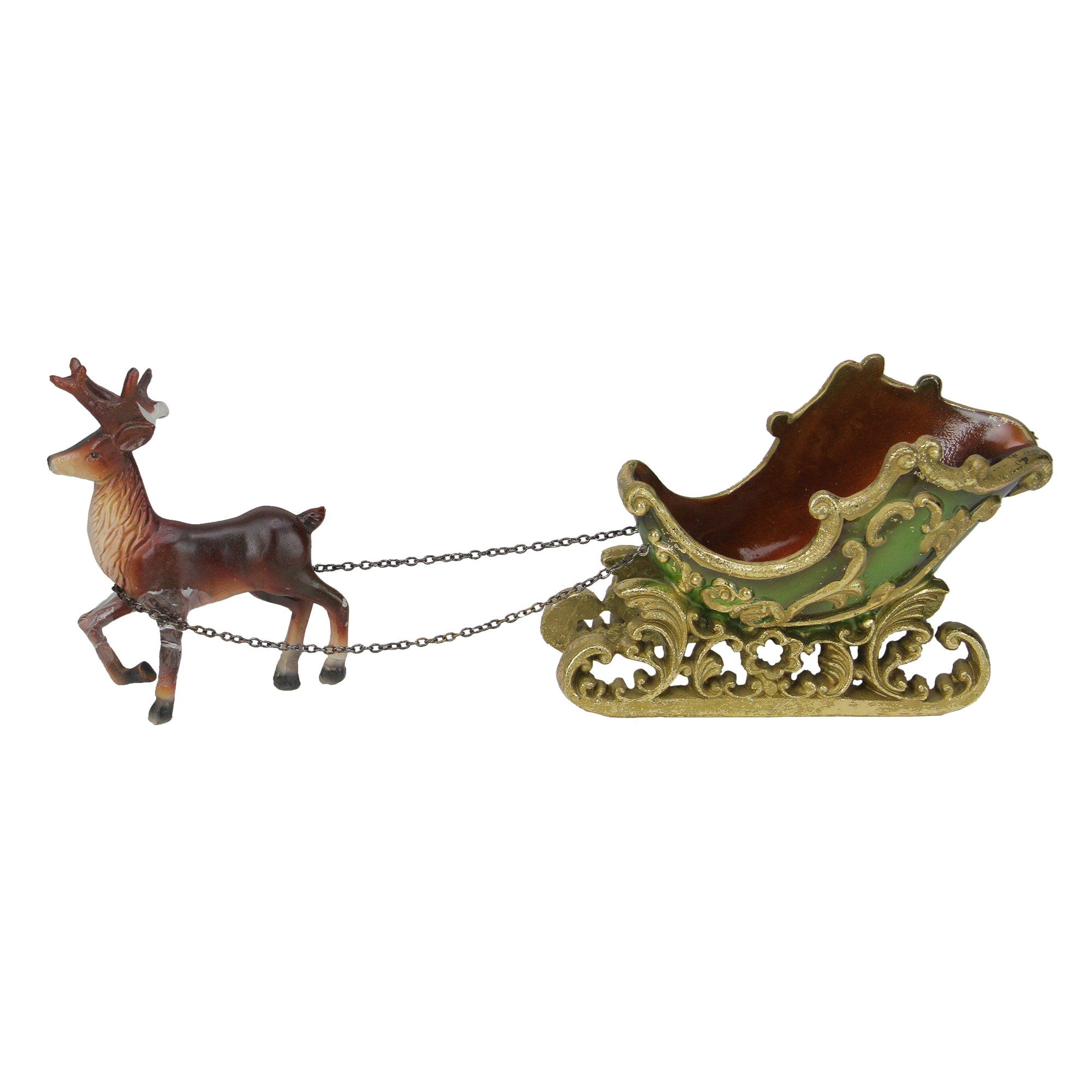 7.5" Elegant Green and Gold Sleigh with Reindeer Christmas Table Top Decoration