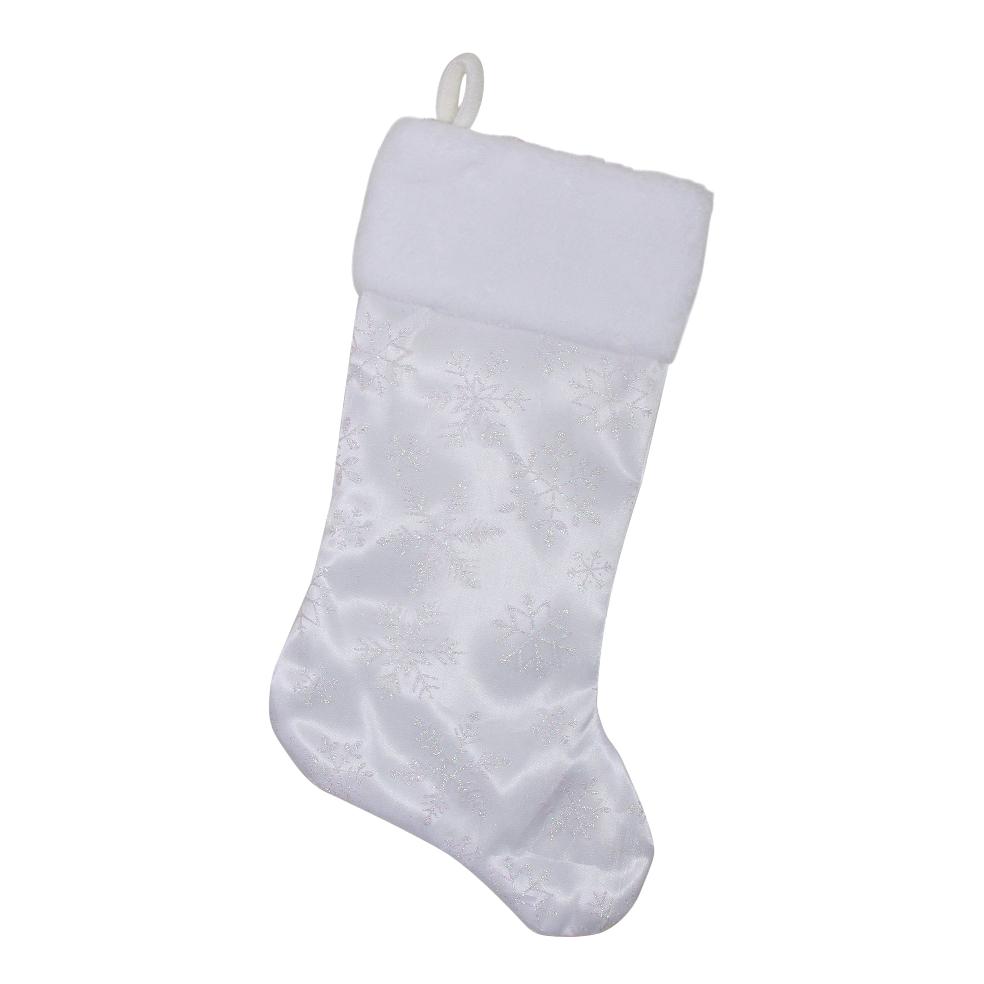 20.5" White Iridescent Glittered Snowflake Christmas Stocking with White Faux Fur Cuff