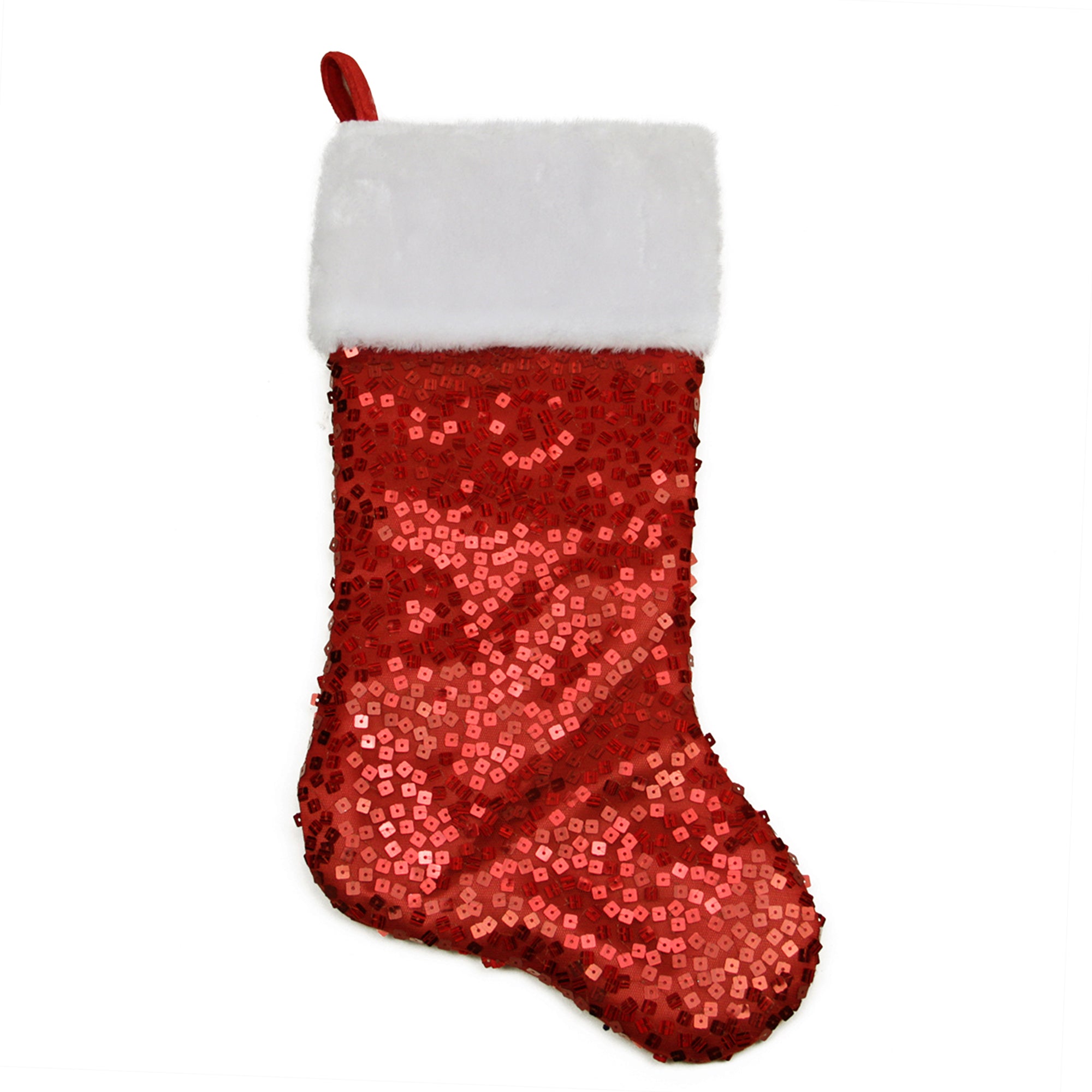 20.5" Shiny Red Holographic Sequined Christmas Stocking with White Faux Fur Cuff