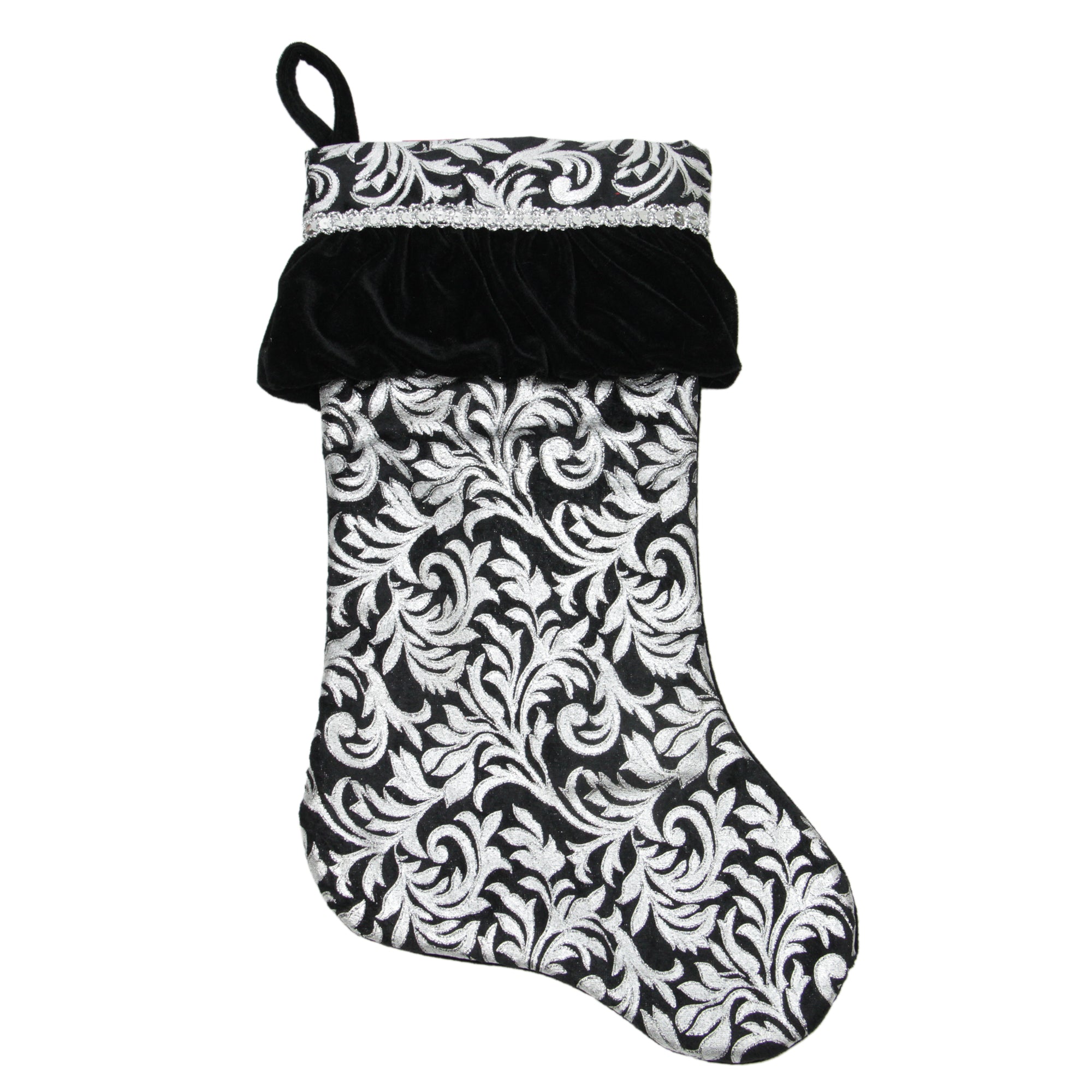 20" Black and Silver Floral Velvet Christmas Stocking with Venetian-Style Ruffle Cuff