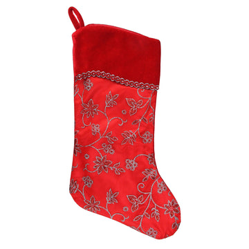 20.5" Red and Silver Glittered Floral Christmas Stocking with Shadow Velveteen Cuff