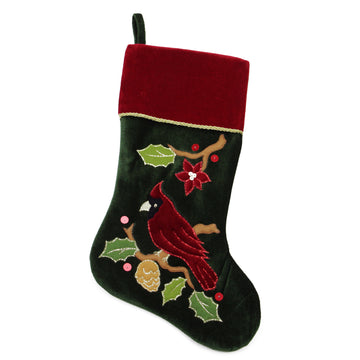 20" Red and Green Velveteen Cardinal Embroidered Christmas Stocking
