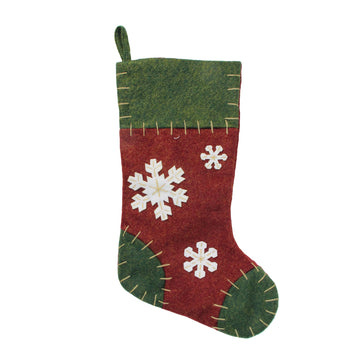 20" Green and Red Snowflake Applique Christmas Stocking with Blanket Stitching