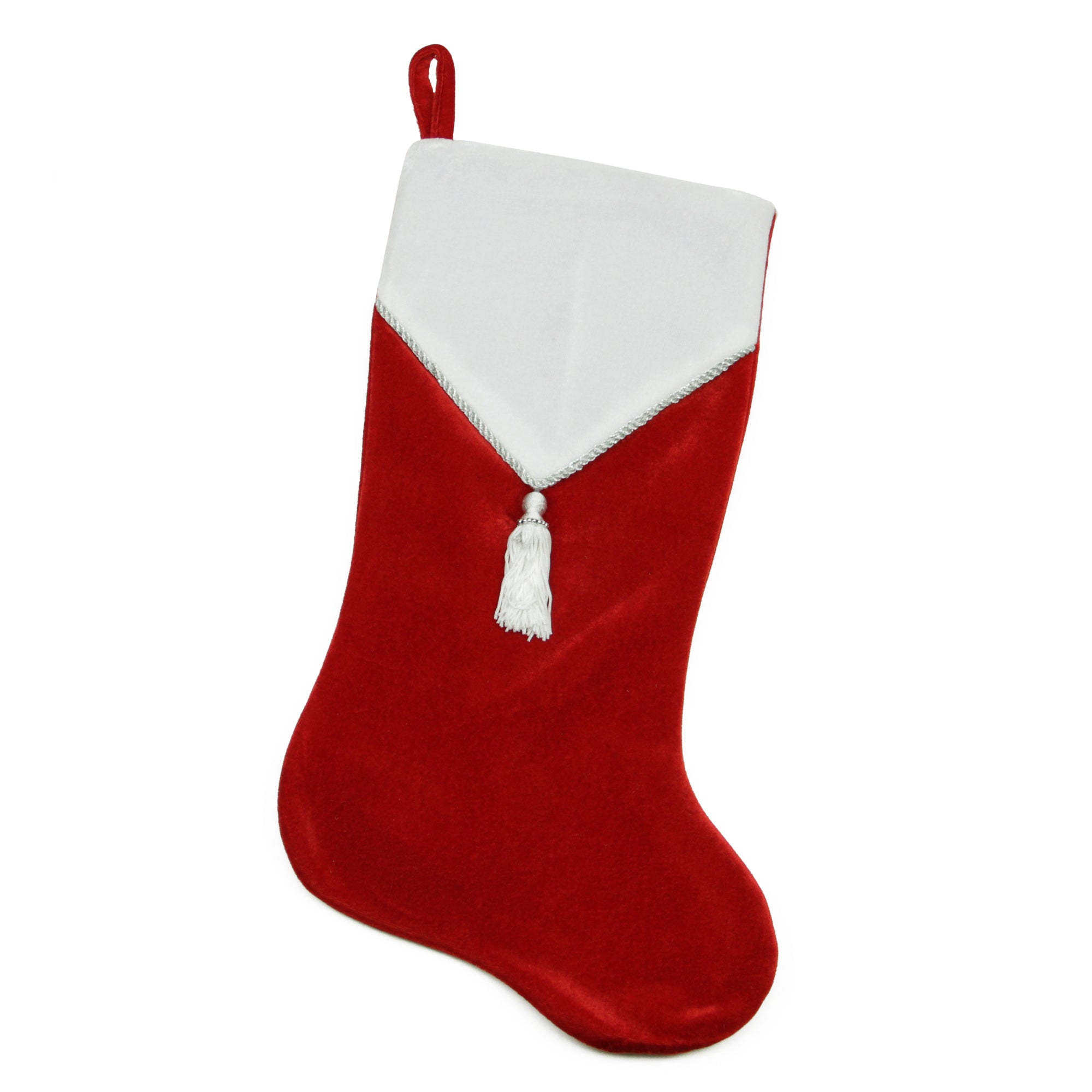 21.5" Traditional Red and White Velveteen Christmas Stocking with Beaded Tassel